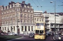 Bournemouth Corporation trolleybus at Bournemouth Square by Gervis Place. 02 April 1968