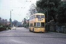 Bournemouth Corporation trolleybus Reg. No. WRU 272, in Foxholes Road, Southbourne, by Southlea Avenue. 07 April 1968
