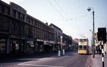 Bournemouth Corporation trolleybus in Christchurch Road, Boscombe, near an experimental “X-way” pedestrian crossing. 21 Apr 1968