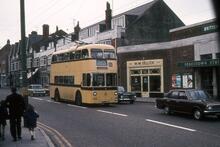 Bournemouth Corporation trolleybus in Christchurch Road by Pokesdown Station. 21 Apr 1978