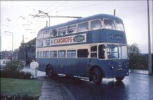 Bradford trolleybus Reg. No. GKN 574, Fleet No. 792, on Route 40 (City) at terminus by Saltaire depot. 11 May 1968