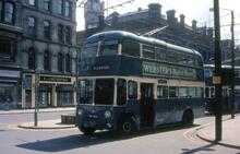 Bradford Corporation trolleybuses (FWX 943, Fleet No. 843 on Route 16 (Allerton) leading) in Tyrrel Street, Bradford. 12 May 1968