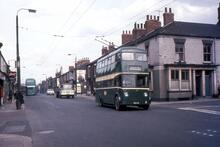 Tees-side Railless Traction Board trolleybus Reg. No. GAJ13, Fleet No 4, in Smeaton Street at High Street, North Ormesby. 13 May 1968