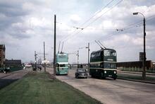 Tees-side Municipal Transport and Railless Traction Board trolleybuses: Reg. No. GAJ13, Fleet No 13; and Reg. No. CPY311, Fleet No. 3, in South Bank Road and Middlesbrough Road, Eston. 13 May 1968