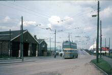 Teesside Railless Traction Board trolleybus passing depot in Middlesbrough Road, Eston. 13 May 1968