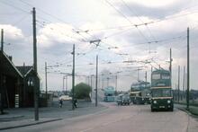 Teesside Railless Traction Board trolleybuses near depot in Middlesbrough Road, Eston. CPY308, Fleet No 10 leading. 13 May 1968