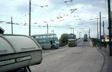 Teesside buses (one motor, two trolley) in Middlesbrough Road near Cargo Fleet depot. 13 May 1968