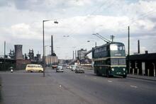 Teesside Railless Traction Board trolleybus Reg. No. CPY287, Fleet No. 16 in Middlesbrough Road East, South Bank, near Cray Lane and Cleveland Iron Works . 13 May 1968
