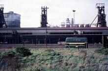 Teesside Railless Traction Board trolleybus in Middlesbrough Road East passing Cleveland Iron Works, South Bank. 13 May 1968