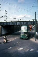 Teesside Railless Traction Board trolleybus Reg. No. GAJ12, Fleet No. 2 under BSC railway bridge in Bolckow Road, Grangetown. 13 May 1968