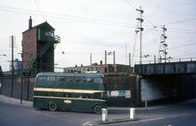 Teesside Railless Traction Board trolleybus Reg. No. CPY308, Fleet No. 10 turning from Eston Road into Bolckow Road, Grangetown, near British Steel Corporation signalbox. 13 May 1968