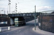Teesside Railless Traction Board trolleybus Reg. No. CPY308, Fleet No. 10 passing under Bolckow Road railway bridge, Grangetown. 13 May 1968