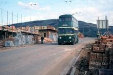 Teesside Railless Traction Board trolleybus Reg. No. GAJ17, Fleet No. 7 amid new housing in Birchington Avenue near Runswick Road, Grangetown. 13 May 1968