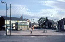 Teesside Railless Traction Board trolleybus in High Street, Eston Square. 13 May 1968