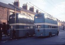 Teesside Municipal Transport trolleybus overtaking an Railless Traction Board one in Smeaton Street, North Ormesby. 13 May 1968