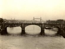 London Bridge. The Victorian road bridge. Panorama looking downstream, with Tower Bridge in the distance
