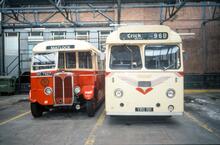 Trent buses: BMMO-built Reg No, RC7927 (built 1940), and Leyland Cub Reg No. YRC151 (built 1962) at Belper Bus Garage